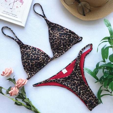 Leopard Bikini Women High Cut  Bandage Push Up Swimsuit Bumr