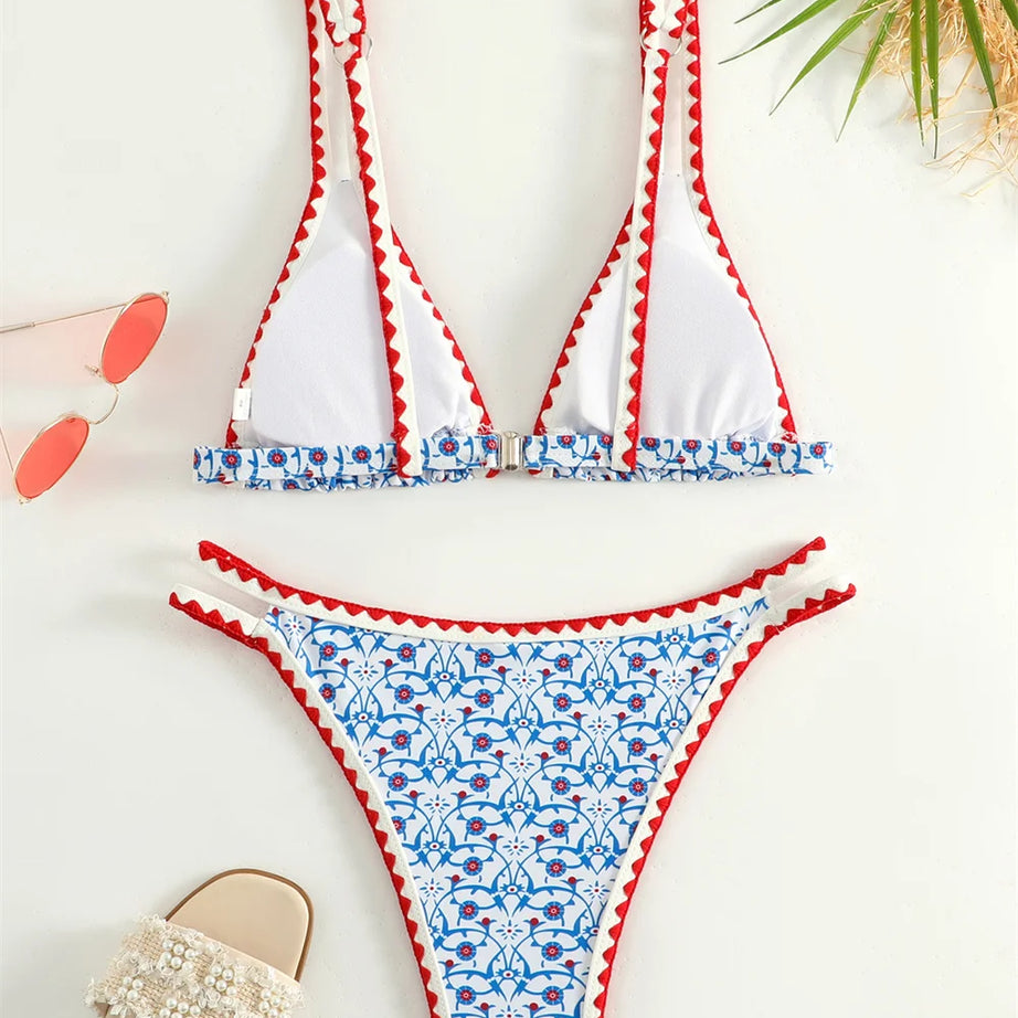 Print Bikini Bordered Straps Swimsuit Bumr