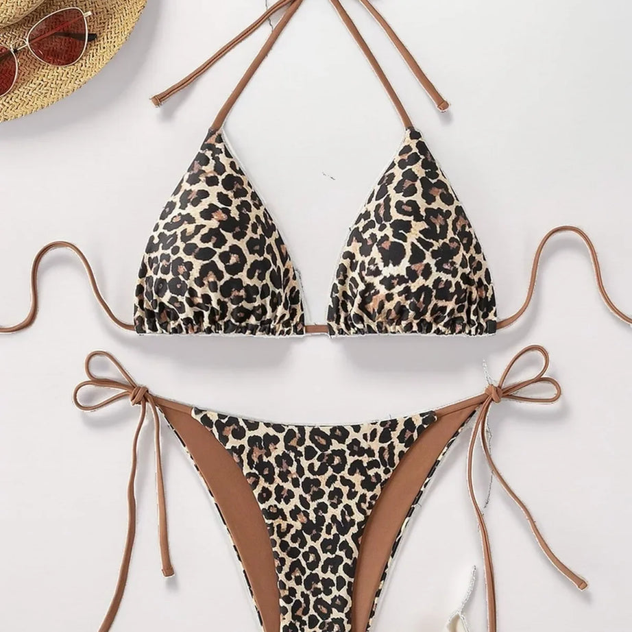 Sexy Leopard Print Two Piece Swimsuit Halter Backless Bikini Bumr