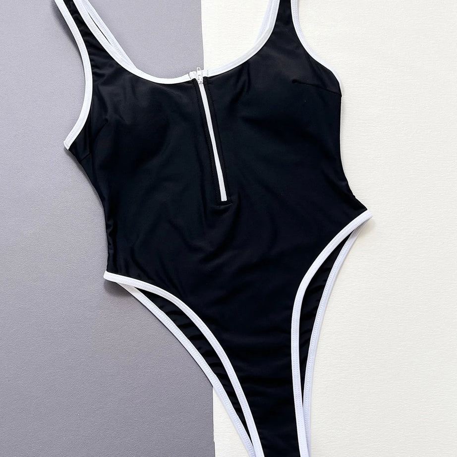 Sexy Zipper Black White Patchwork Swimsuit One Piece Bumr