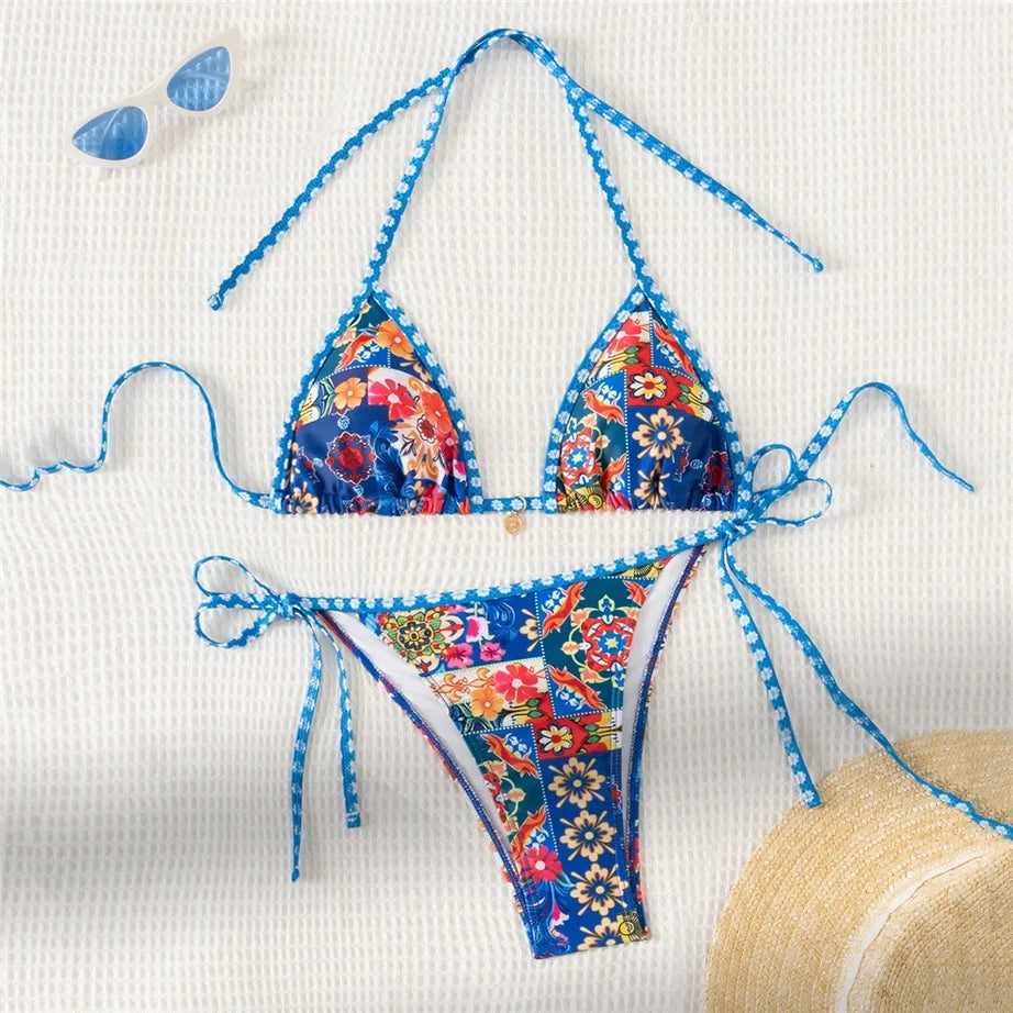 Blue Floral Print Triangle Mini Bikini Set Bumr