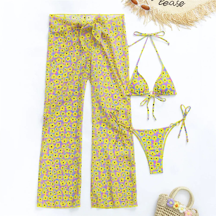 Sexy Floral Print Swimwear 3 Piece Bikini Set with Trouser Bumr