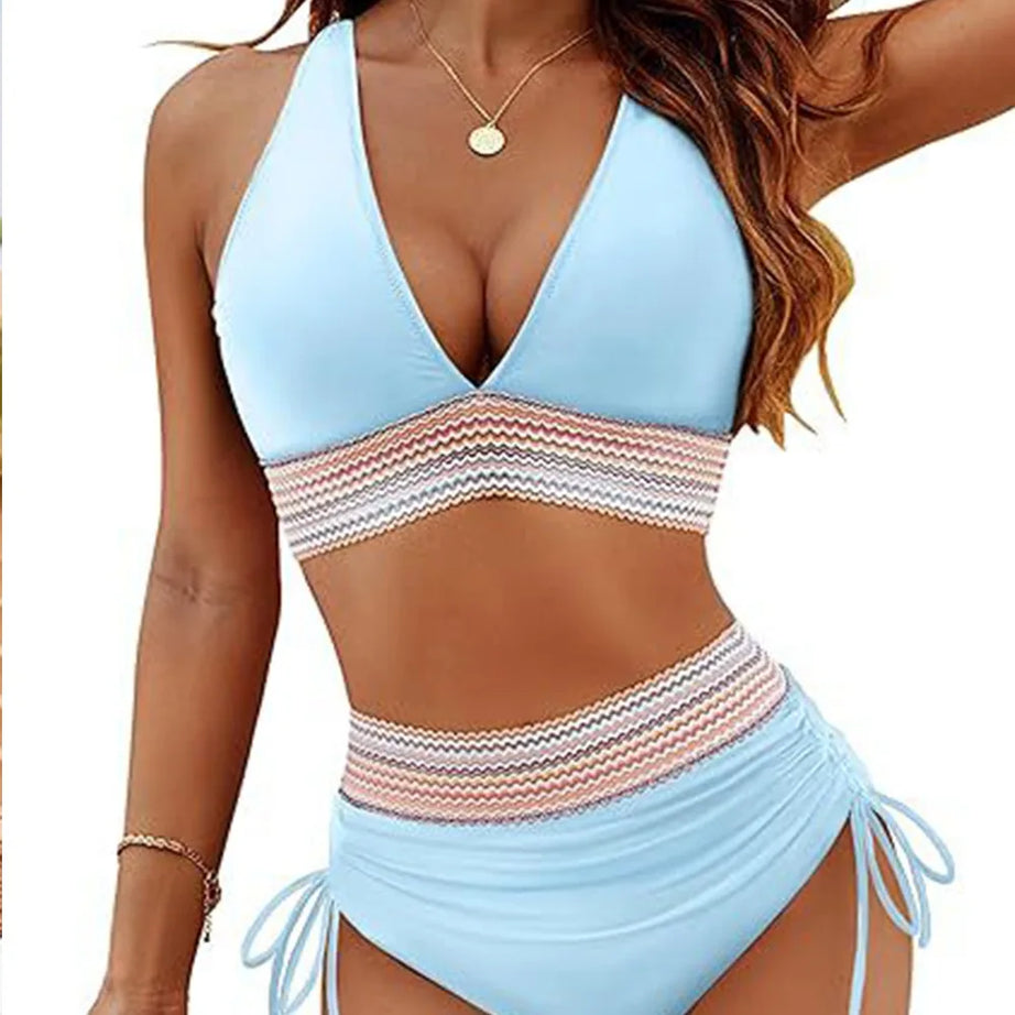 Solid Color Drawstring Bikini Set High Waist Bumr