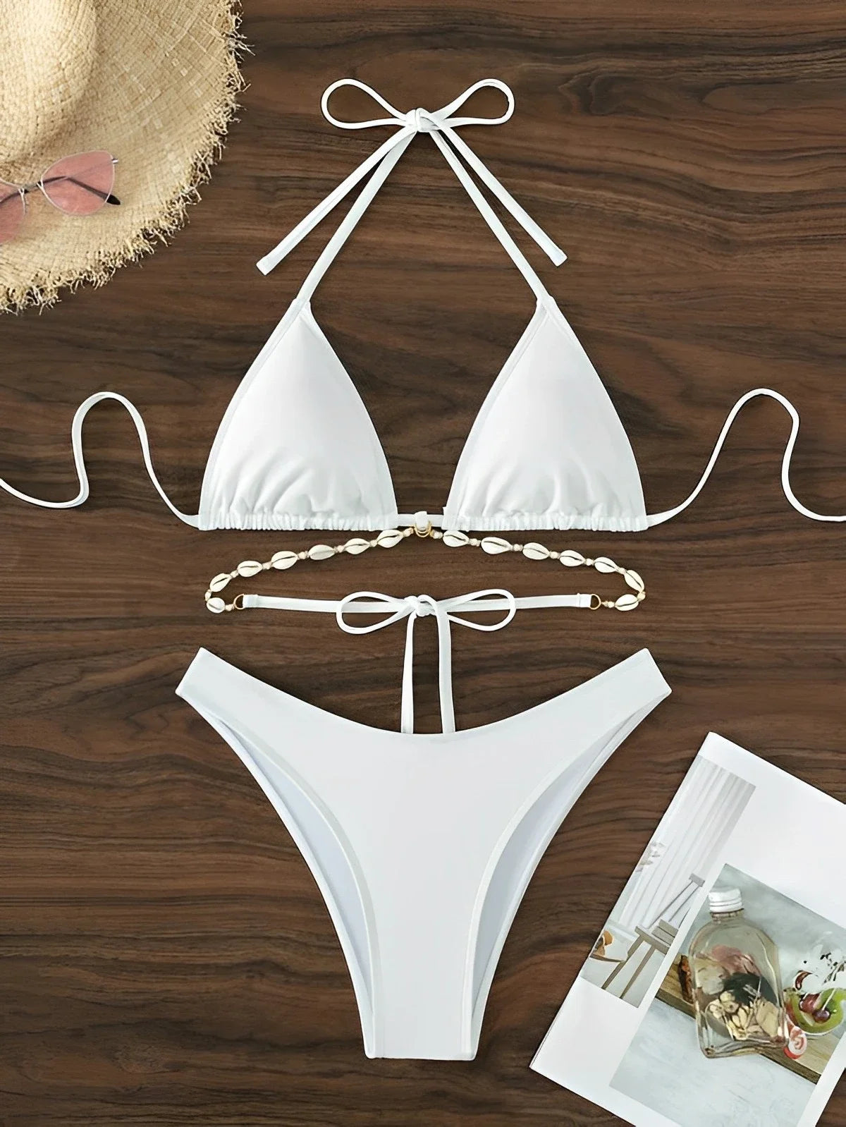 Triangle Thong Bikini Set Seashell Chain Linked Swimsuit Bumr