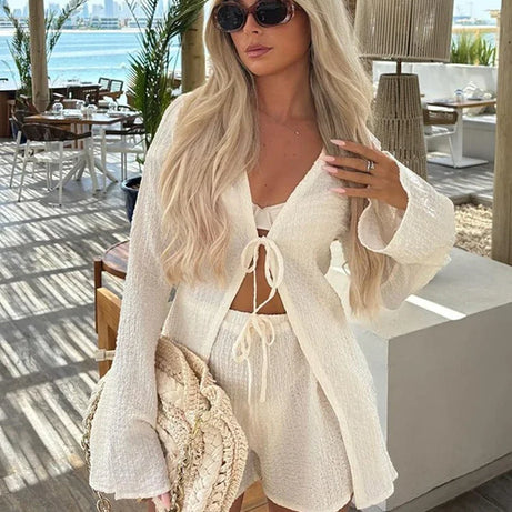 Women's Crochet Hollowed Out Lapel Single Breasted Vacation Outfit Bumr