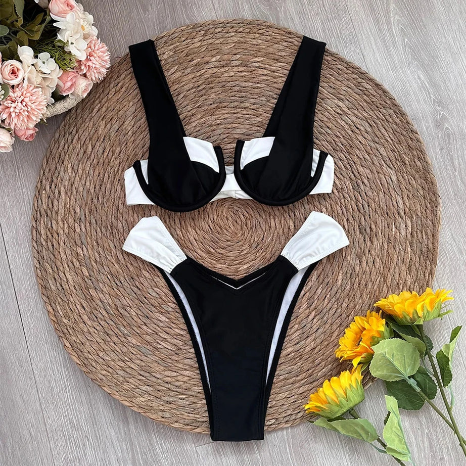 Black White Halter Push Up Padded Thong Swimsuit Bumr