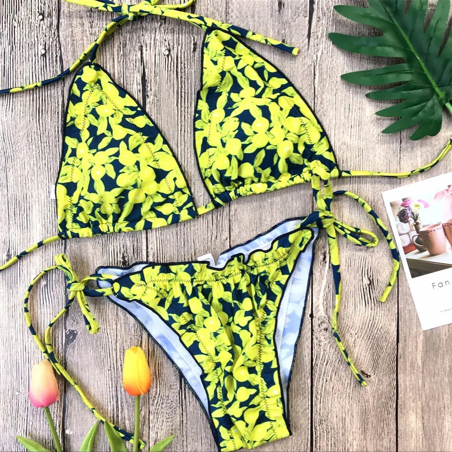 Yellow Print String Bikini Ruched Triangle Swimsuit Bumr