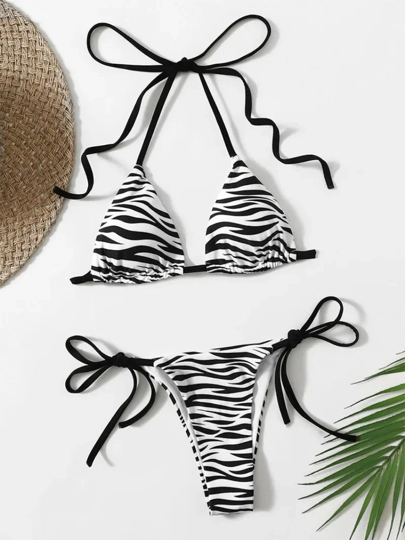 Zebra Striped Micro Bikini Women Halter Push Up Bra Triangle Swimsuit Bumr