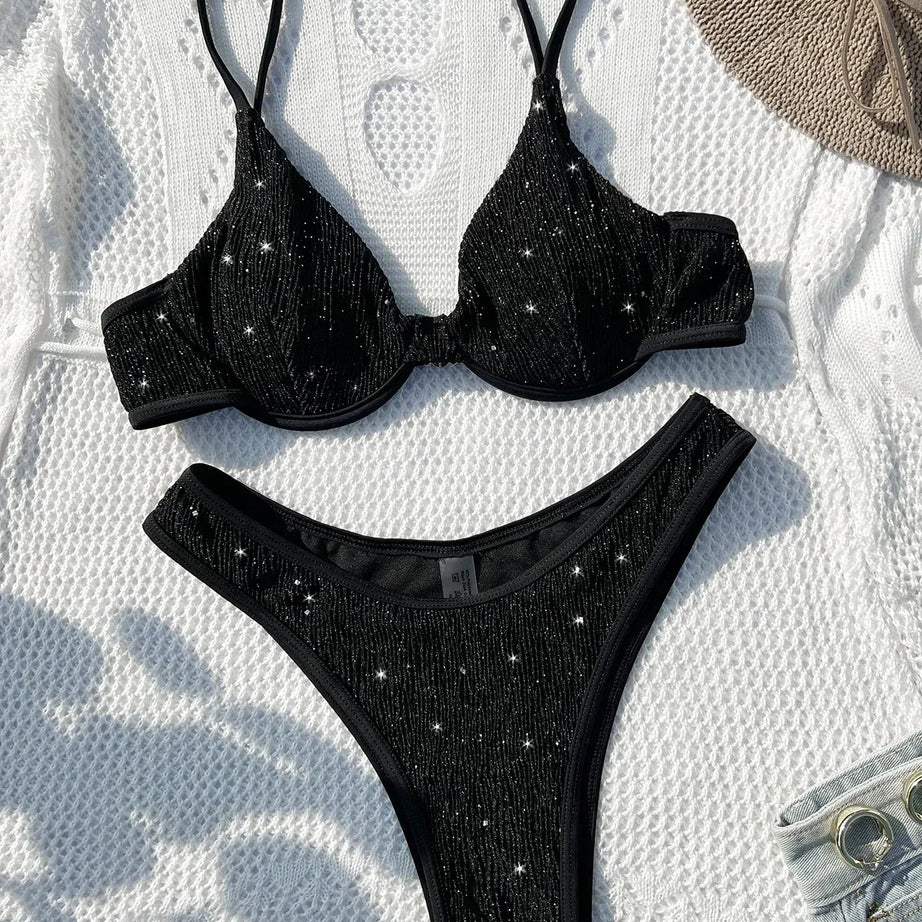 Black Shiny Bikini Sexy High Waist 2 Piece Swimwear Bumr