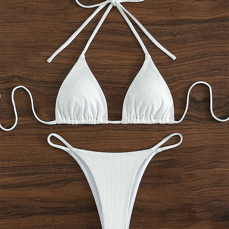 Sexy Ribbed Bikini Set Solid Lace Up Swimsuit Bumr