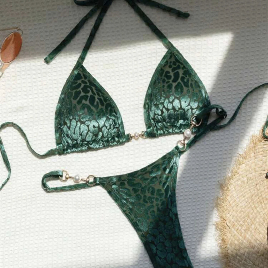 Sexy Green Leopard Print Bikini Set Pearl Triangle Swimsuit Bumr