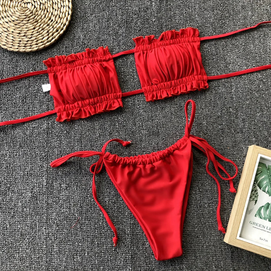 Ruched Bikinis Sexy String Swimsuit Bumr