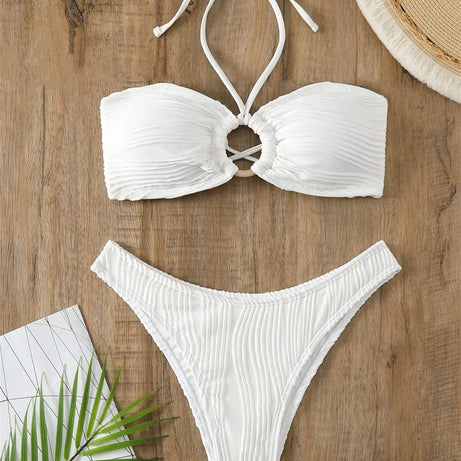 White Ring Linked Hollow Out Push Up Micro Swimsuit Bumr