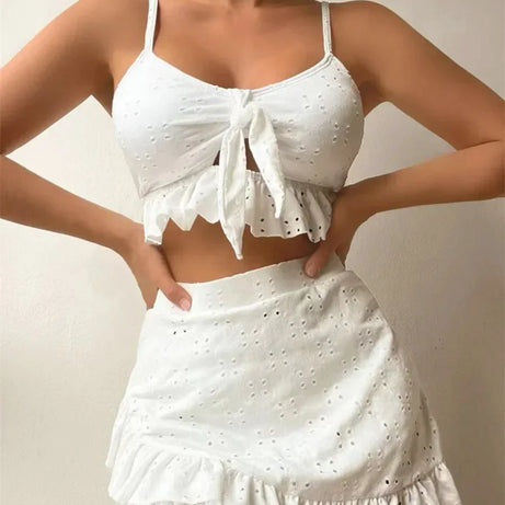 Sexy White 3 Piece Bikinis Set Tie Up Ruffles Swimsuit Bumr